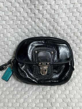 Coach Black Patent Leather Legacy Striped Lining Small Wristlet with Teal Tag